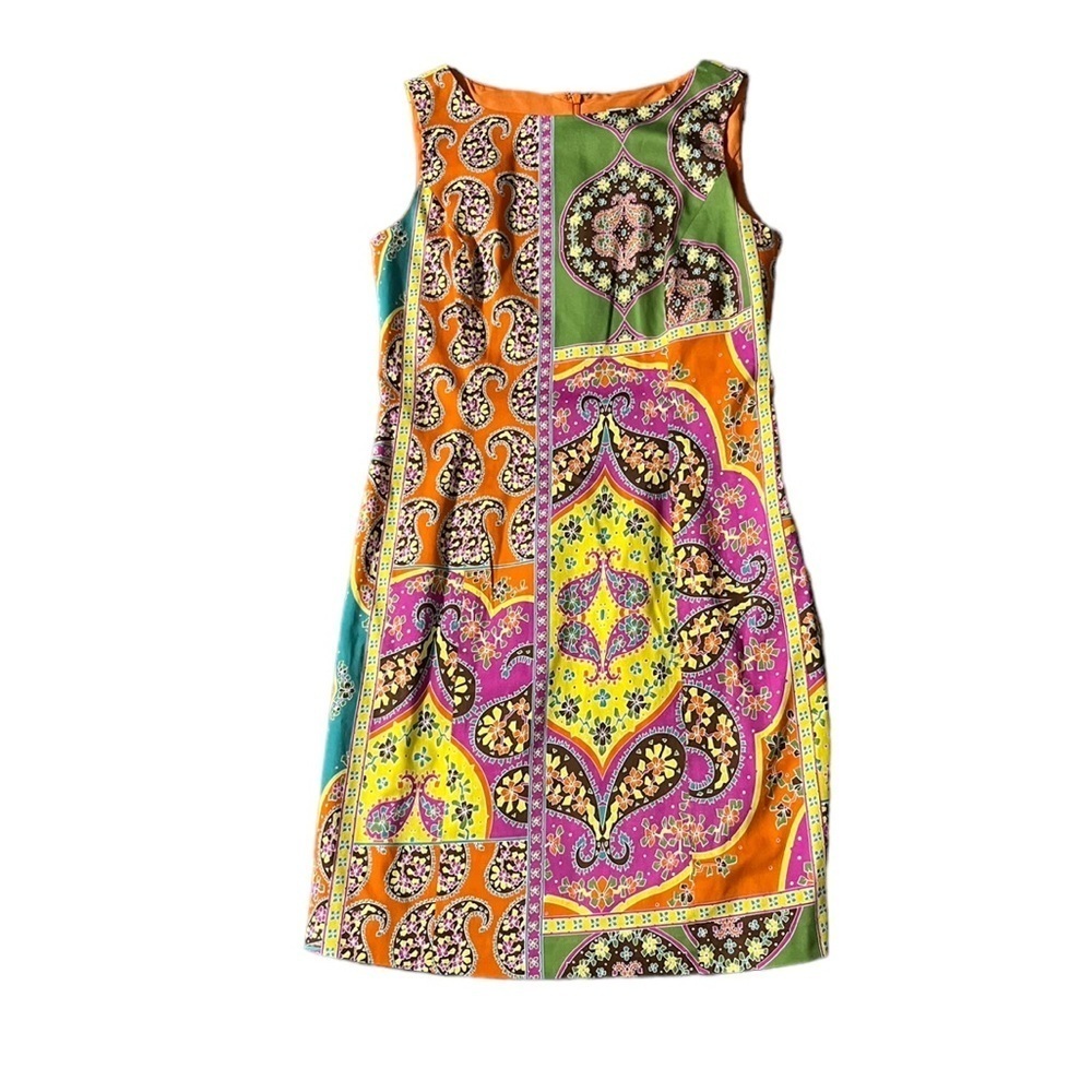 Peter Nygard 70s Psychedelic Sleeveless Colorful Print Shift Dress Size 2 Petite